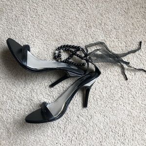 LEATHER BLACK AND SILVER 3 INCH HEELS BEADED AT THE ANKLE SHIEKH